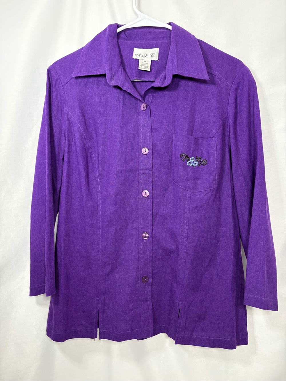 A.K.C. Purple Linen Blend Button-Up Shirt with Embroidered Pocket Size Medium